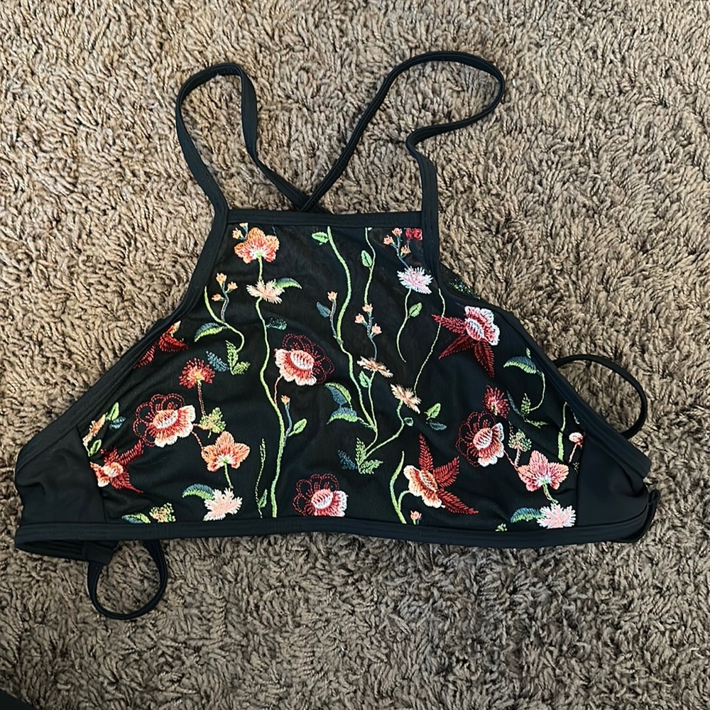 Black Floral Bikini Top